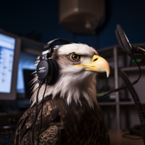 Een arend system administrator met headset omringd door computersystemen